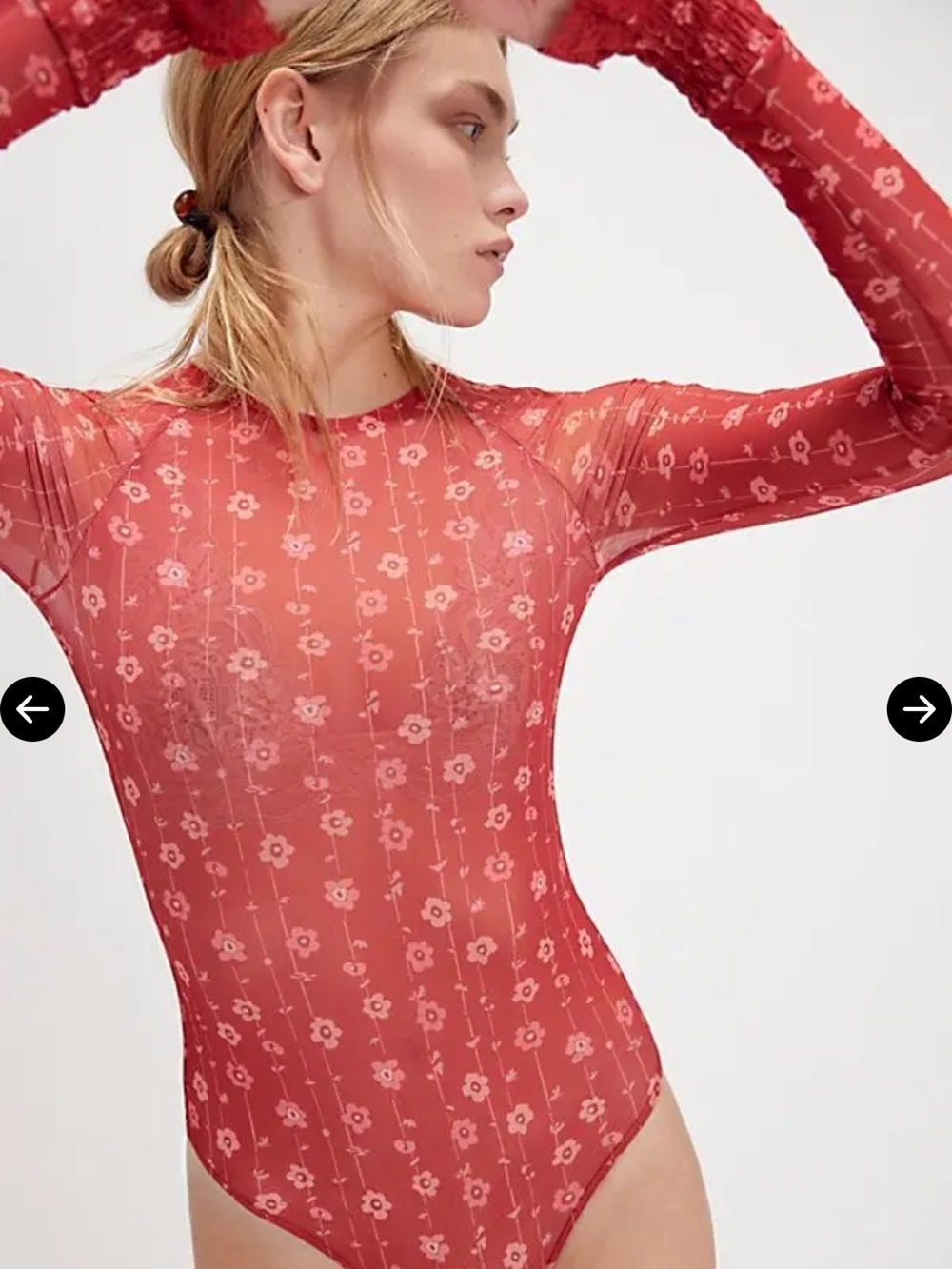 Free People Red pink Sheer Floral Long-Sleeve Bodysuit